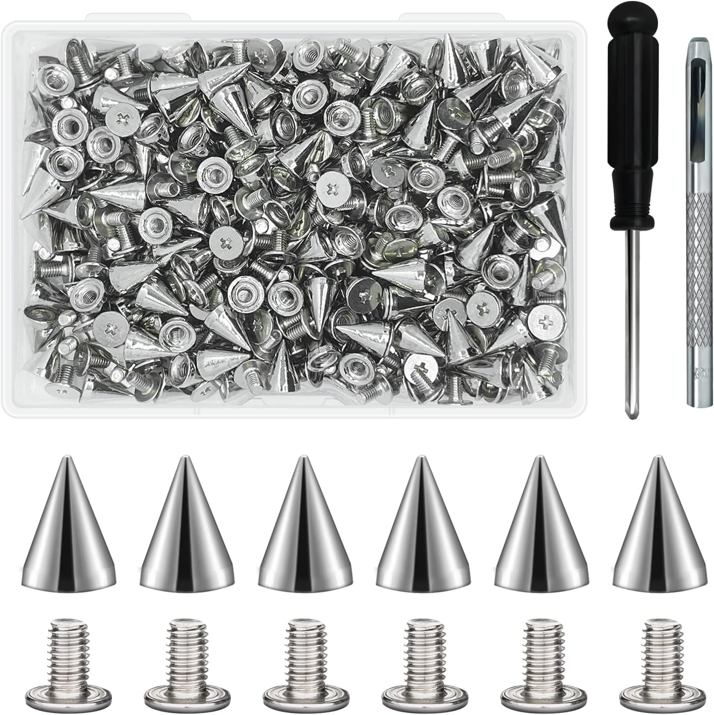 200 Sets 9.5mm Cone Spikes Metal Tree Spikes Screwback Studs for DIY Leathercraft Decoration Punk Rock Style Clothing Accessories (Silver)