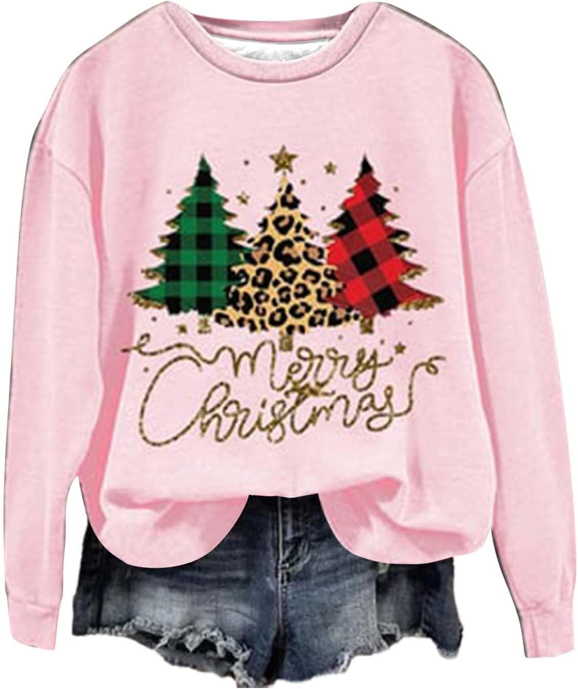 Christmas Sweatshirts for Ladies Plus Measurement Leopard Yule Tree Realistic to life Pullover Humorous Fickle Lengthy Sleeve Crewneck Shirts