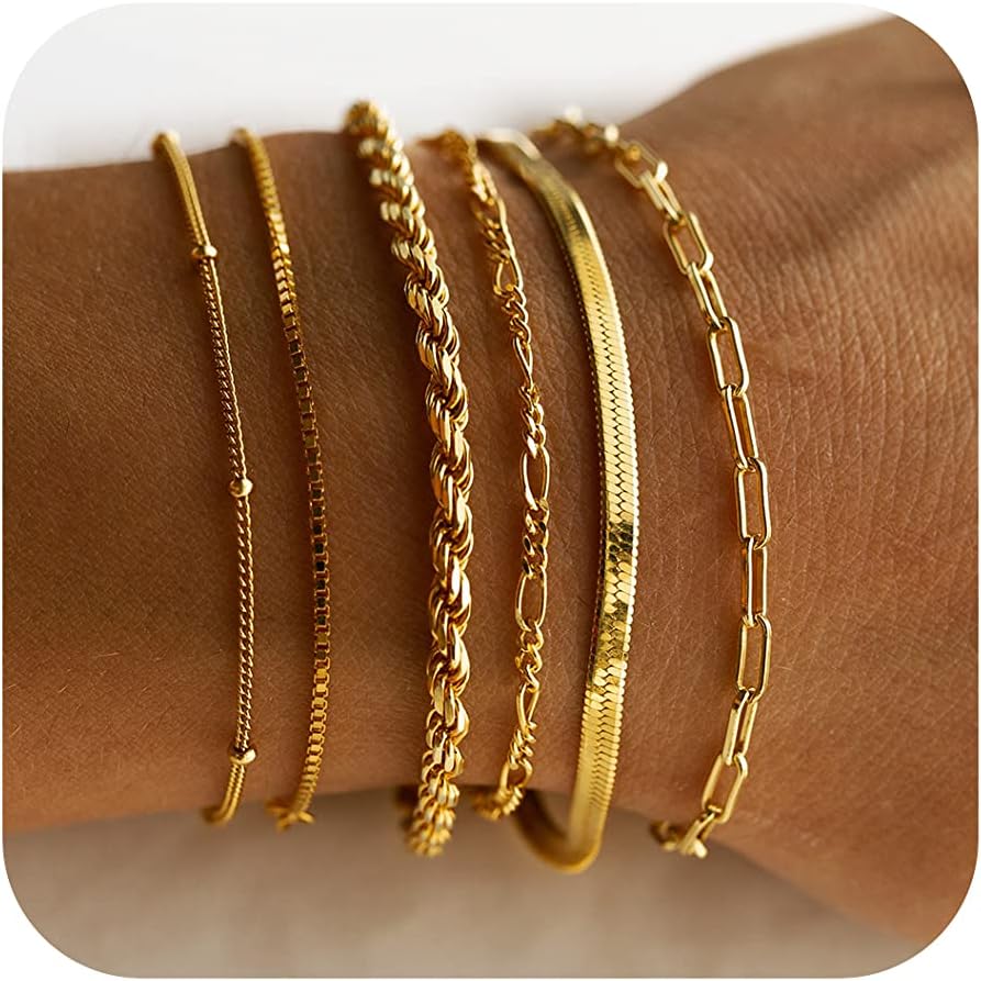 DEARMAY Gold Bracelets for Girls Water-resistant, 14K Actual Gold Jewellery Units for Girls Fashionable Slim Dainty Stackable Cuban Hyperlink Paperclip Chain Bracelet Bundle Model Equipment Presents for Womens