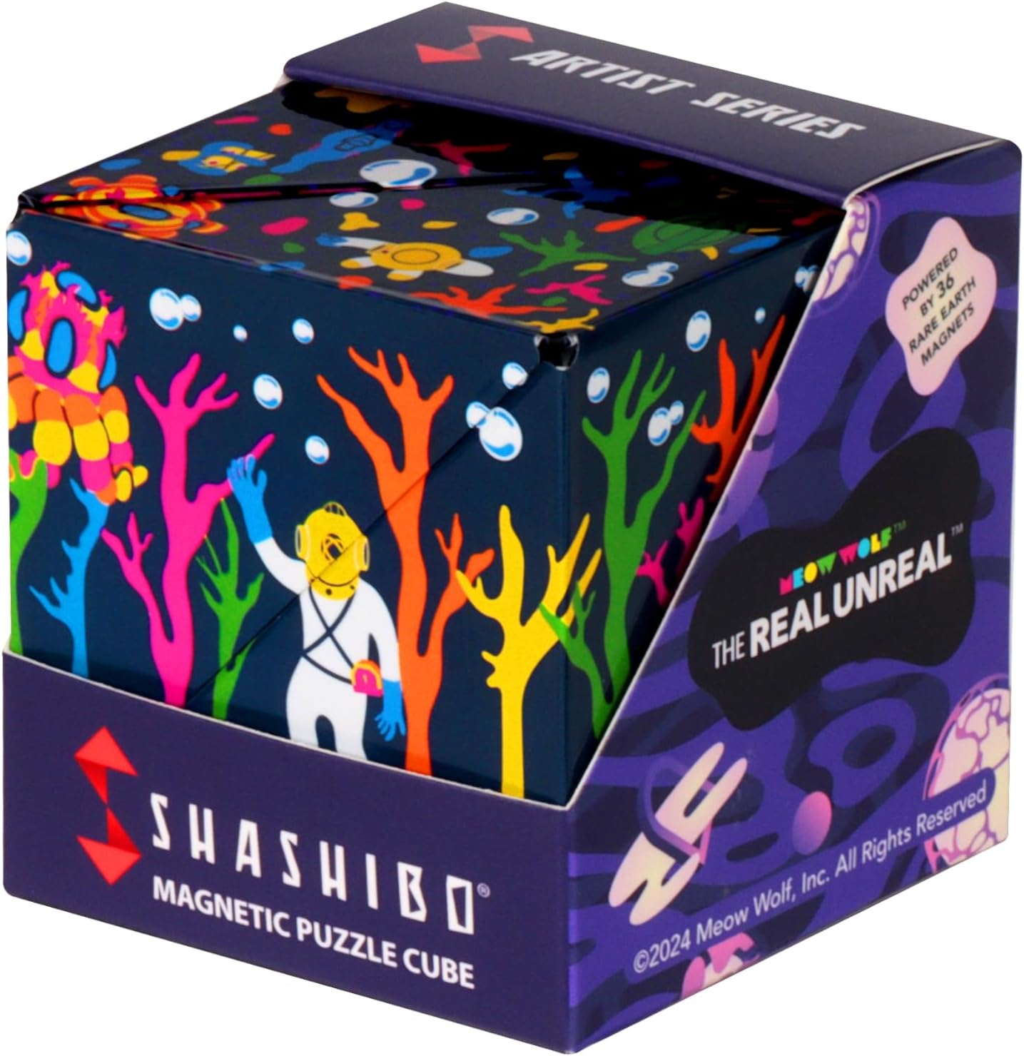 SHASHIBO Meow Wolf- Surrounding Moving Field – Award-Profitable, Patented Magnetic Puzzle Dice w/ 36 Uncommon Earth Magnets – Fidget Transforms Into Over 70 Shapes (Glowquarium)