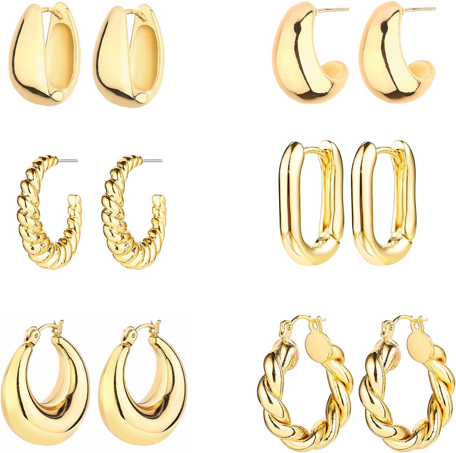 6 Pairs 14K Gold Hoop Earrings for Girls Light-weight Chunky Hoop Earrings Multipack Hypoallergenic, Thick Distinguishable Curved Huggie Hoops Earring Prepared Jewellery for Presents.