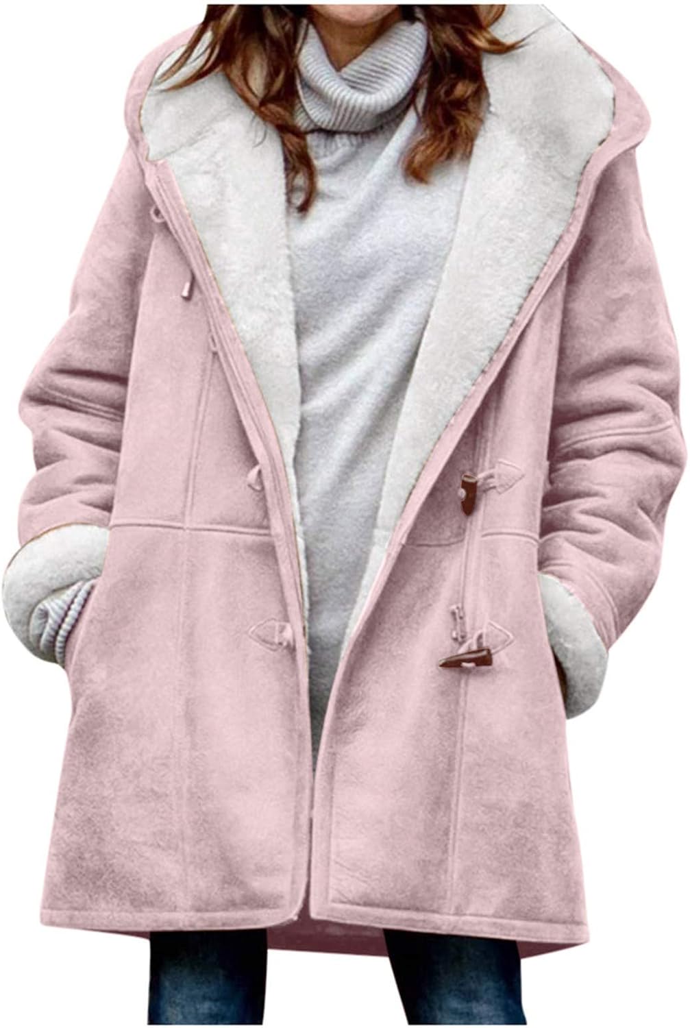 Womens Fleece Coat Outsized cast colour Hooded Jacket Button Indisposed Iciness Fuzzy Fickle Outwear lengthy coat with Wallet