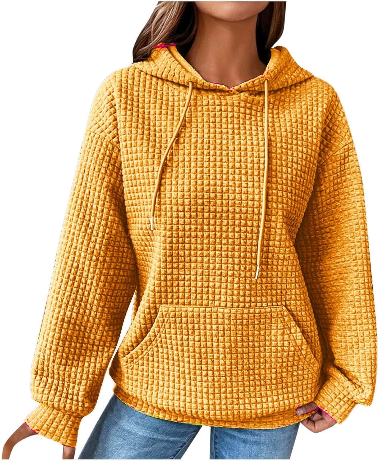 Autumn&Iciness Hoodies for Girls Waffle Pullover Blind Leave Hooded Sweatshirt with Region Lengthy Sleeve Drawstring Tops