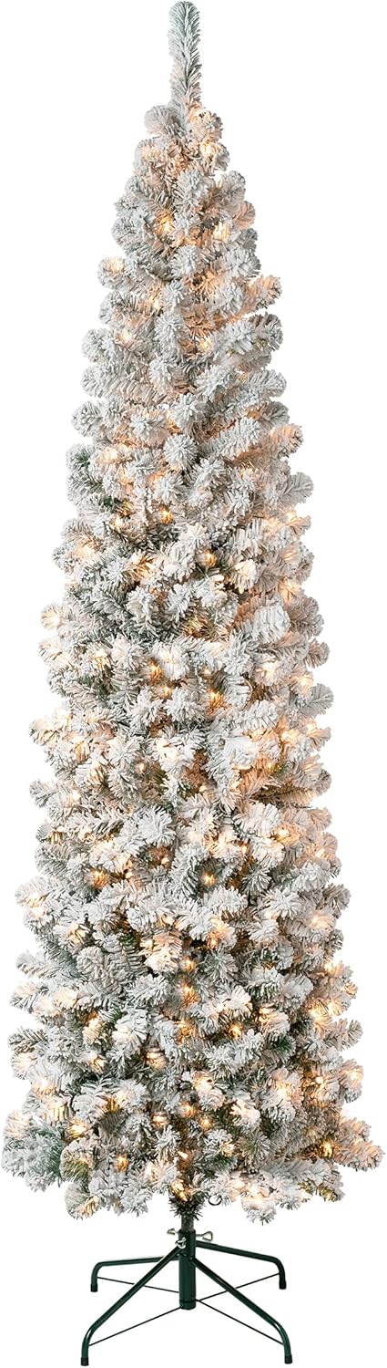 Nationwide Tree Corporate First Traditions Pre-Lit Acacia Flocked Tree Thin Christmas Tree, Sunny Incandescent Lighting, Plug in, 7.5 feet